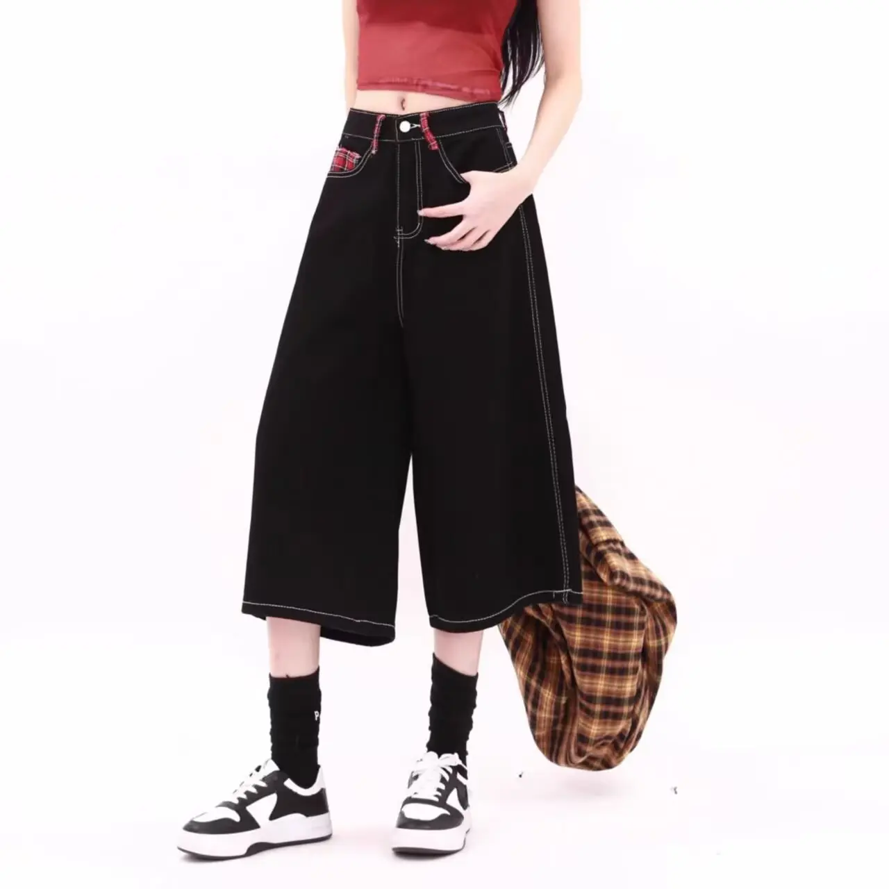 

Checkered splicing new denim pants for women in summer straight leg seven quarter pants, loose fit BF lazy style, small and wide