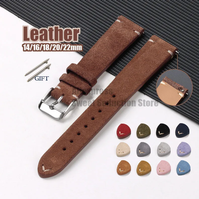 Handmade Genuine Leather Watch Strap 14/16/18/20/22mm Suede Cowhide Bracelet Universal Women Men Wristband Watch Accessories