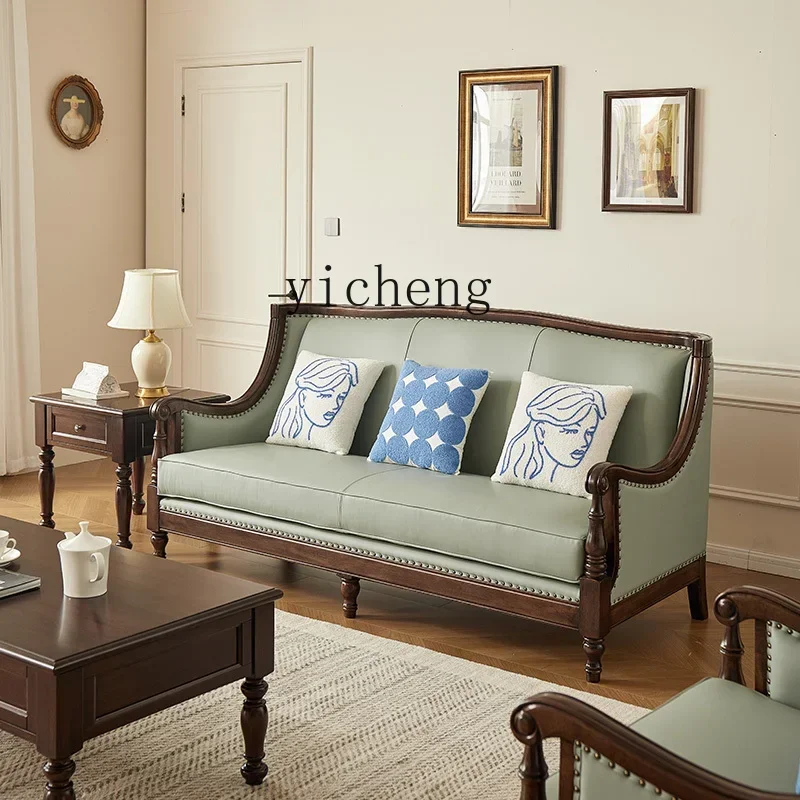 

Living room furniture retro sofa walnut wood solid wood leather first layer cowhide combination sofa