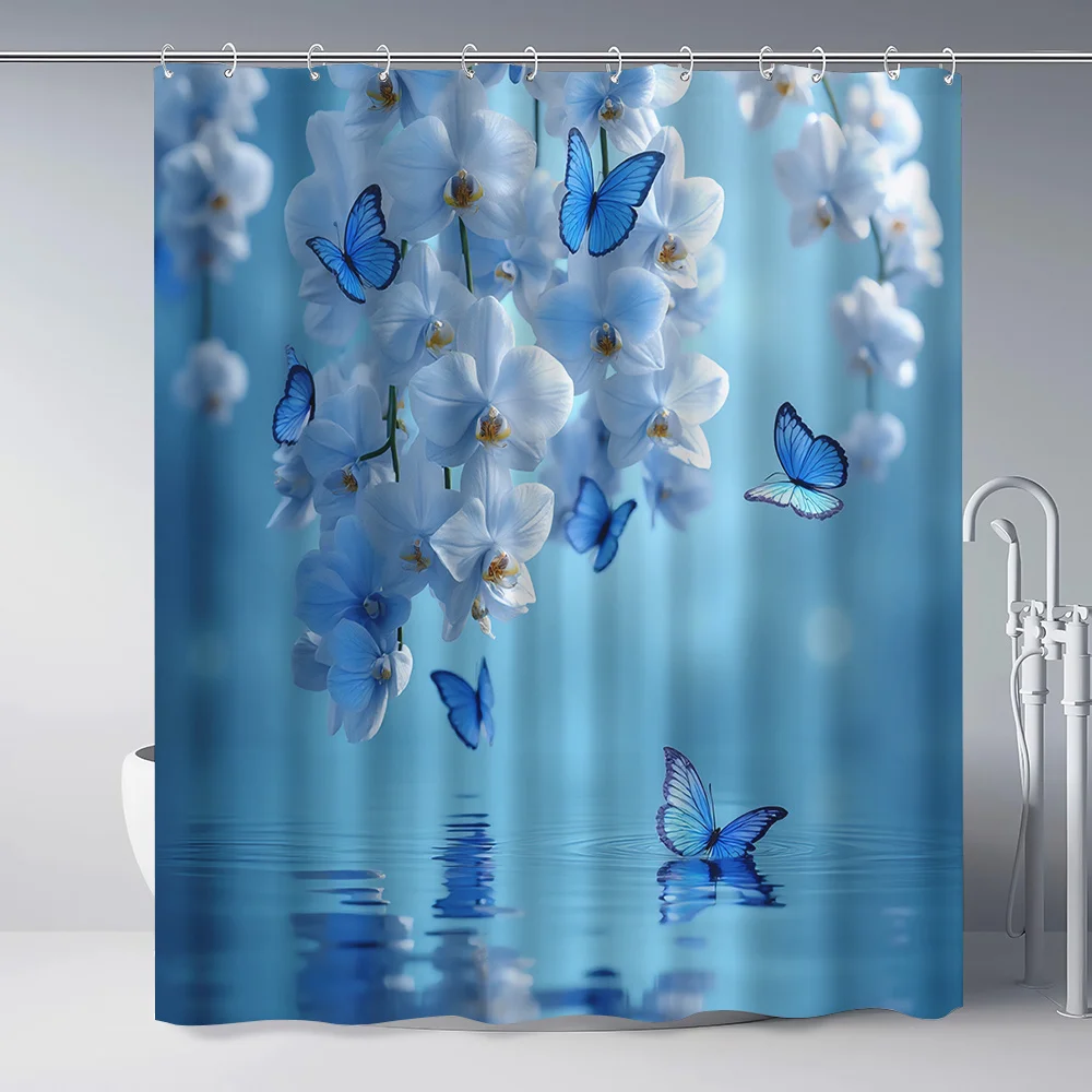1pc Blue And White Orchid Butterfly Patterned Shower Curtain, a Fresh And Dreamy Home Decoration Bathroom Curtain, a Polyester F