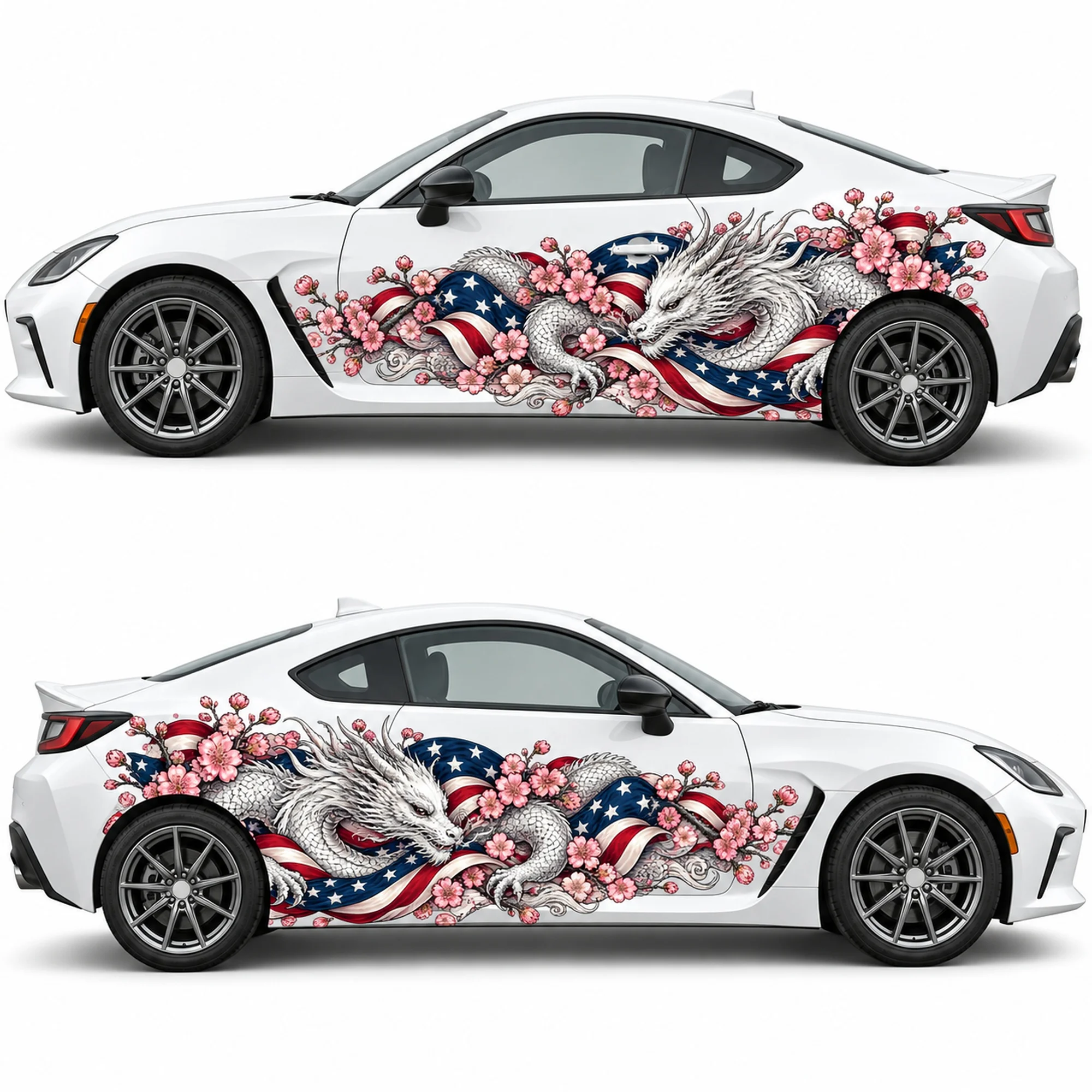 2 PCS American Flag Silver Dragon Blossom Car Side Decals, Die-Cut Vinyl Sticker Set