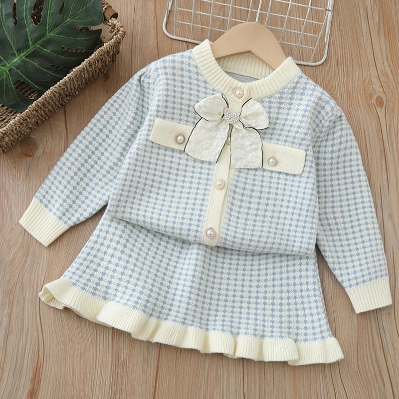 2025 New Autumn Baby Girl Knitted Clothes Suit Long Sleeved Knitted Cardigan Coat+Short Skirt 2-6Yrs Kids Clothing Set