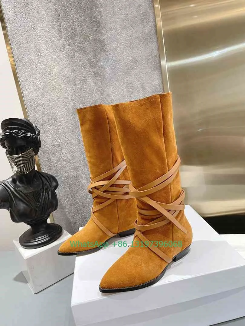 Lady suede flat knee cowboy boots lace-up design brown color boots  summer fall T show calf shoes daily dress footwear size 43