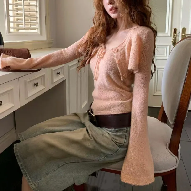 2025 Autumn New O-neck Solid Color All-match Long Sleeve Cardigan Women + Lace-up Sexy Slim Knitted Camisole Two-piece Suit
