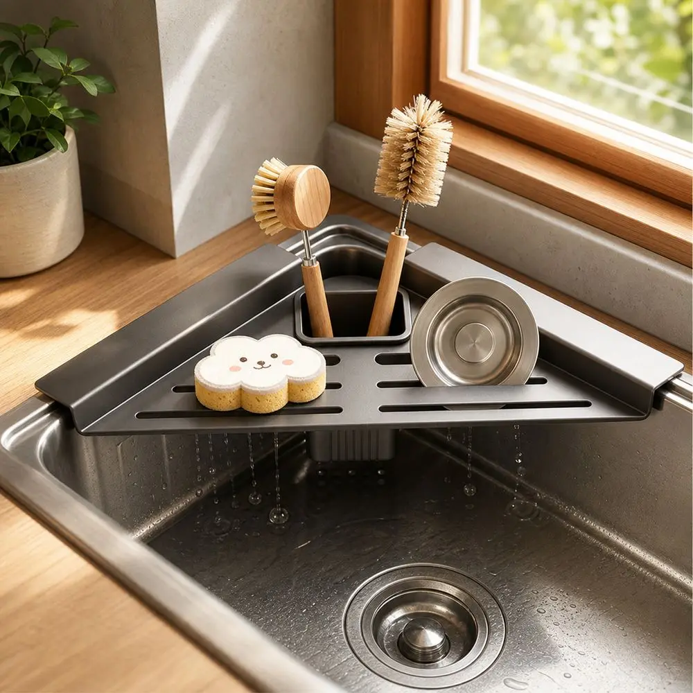 Carbon Steel Sink Corner Rack with Draining Cup Triangular Shape Sink Drain Shelf Quick Water Drainage Dish Drying Rack