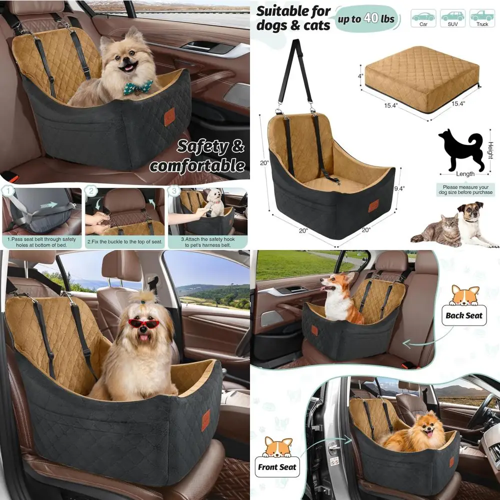 

Среднее автокресло для собак, до 40 фунтов, простая установка, съемное и моющееся, противоскользящее, 2 поводка в комплекте (черный/кофейный)