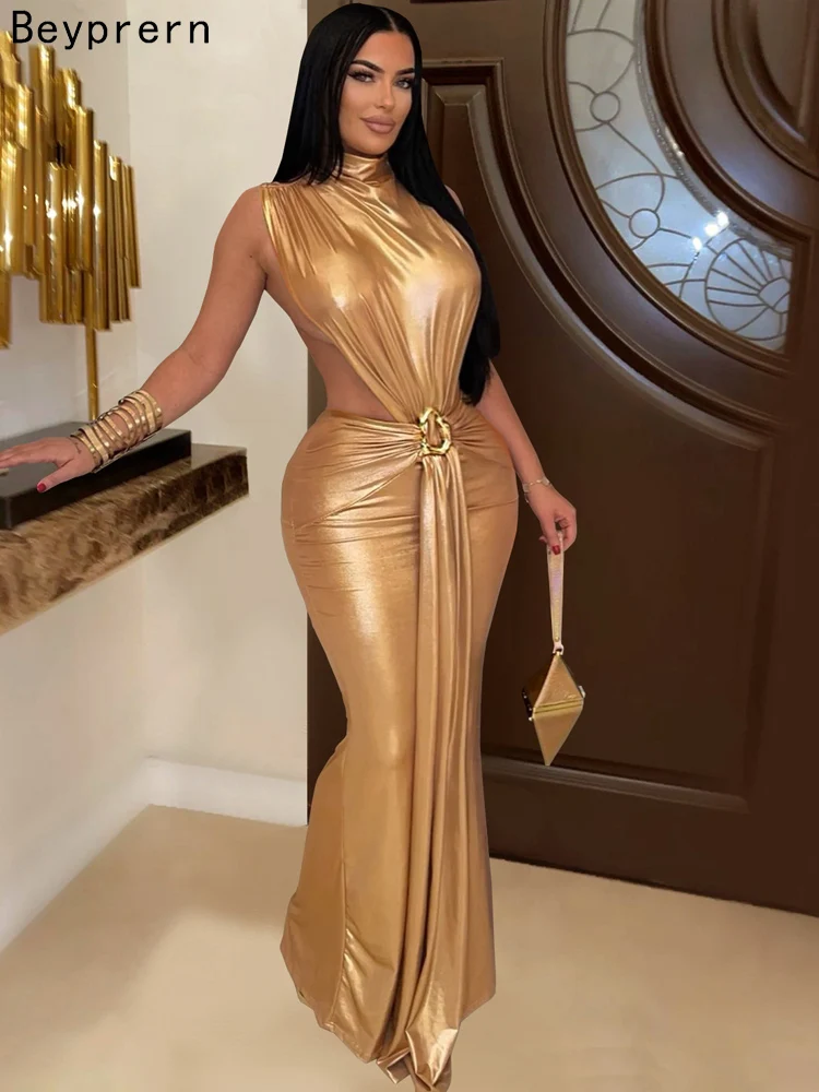 Beyprern Sexy Gold Metallic Neckholder Maxikleid Damen Sommer Rückenfreies Bodycon Langes Kleid mit Schlitz Club Outfit Vestidos