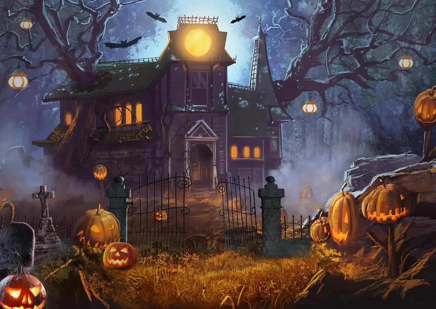 

LTLYH Halloween Backdrop Large Moon Horrible Pumpkin Photography Background Scary Party Banner Decoration Studio Props Pho