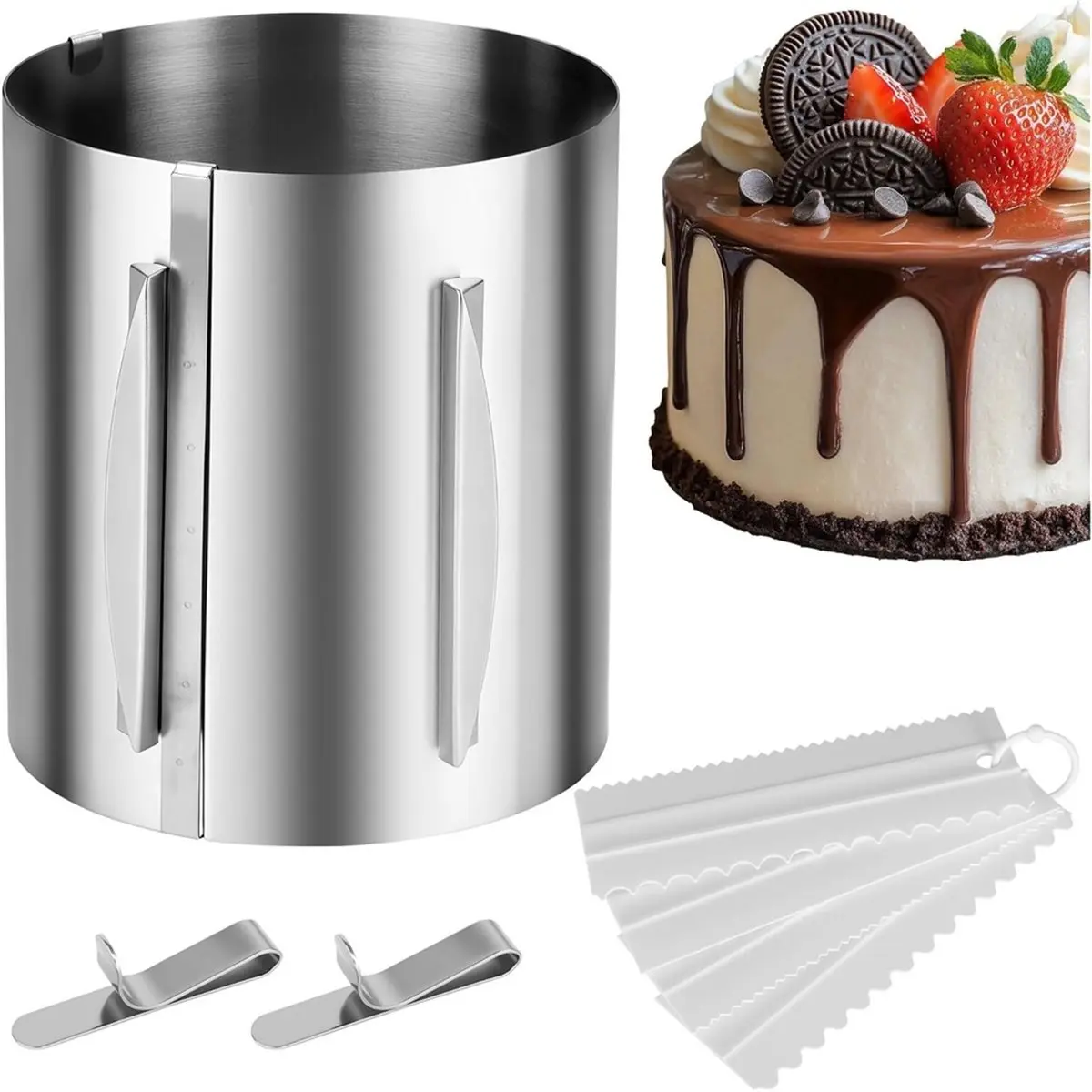 2026 New Extra-Tall (20 cm) Adjustable Cake Ring with Scale. Adjustable Stainless Steel Baking Ring (16-30 cm) ,for Baking