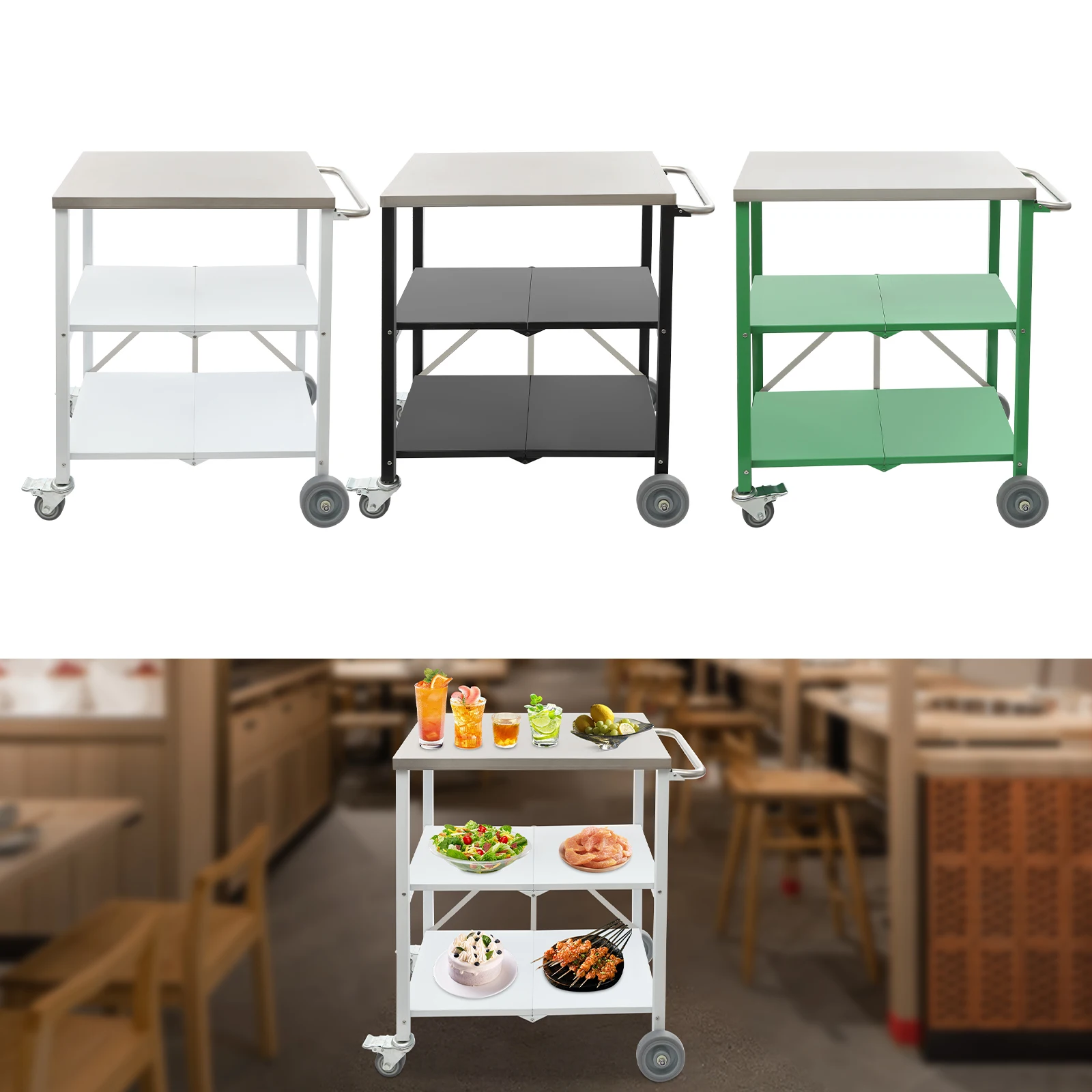 

Foldable Outdoor Grill Cart with 2 Total Lock Casters, Rolling BBQ Table and 3 Shelf Folding Kitchen Island