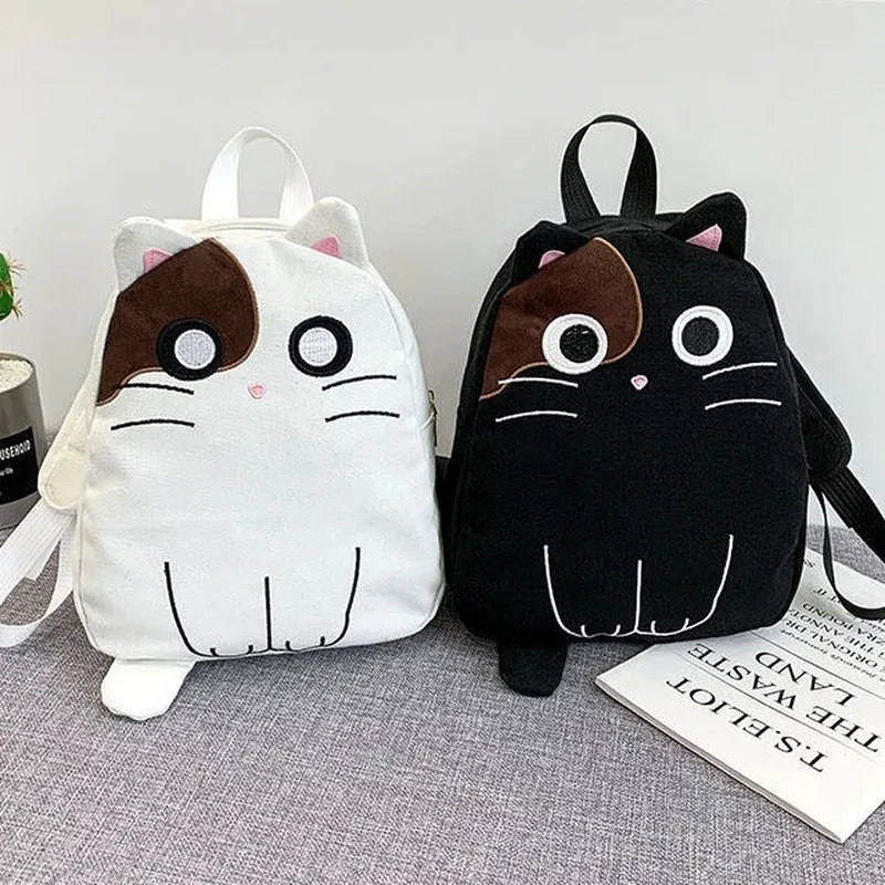 2022 bonito gato lona mochila dos desenhos animados bordados mochilas dos desenhos animados meninas saco de escola casual preto impressão mochila