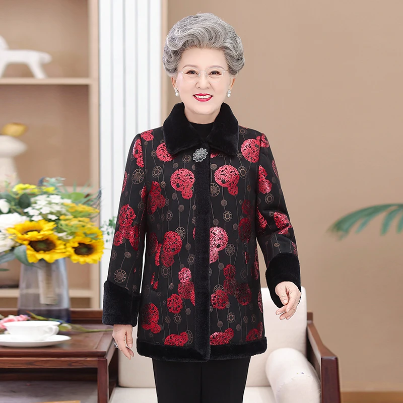 

Middle Aged Elderly Women Winter Coat Grandma Fur integration Leather Jacket Warm Mid-Long Parka Female Outerwear