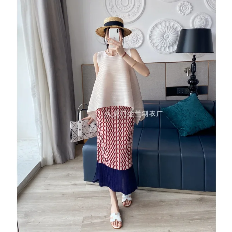 High-end Pleats Pleated Printed Half-skirt Pleated New Mid-length Skirt Heavy Duty Fold Pressed Straight Skirt Women Summer