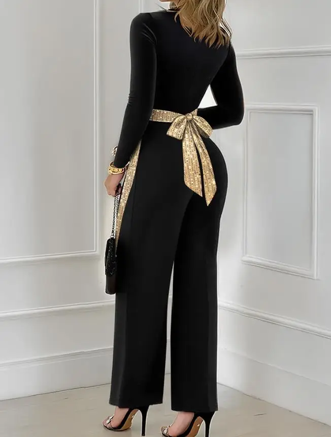 Sequin Bow Decoration Square Collar Long Sleeve Casual Jumpsuit with Wide Leg And Waistband for Women