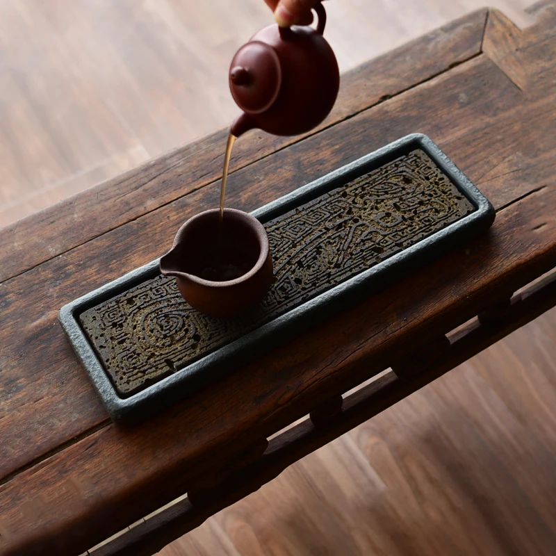 

Tea Tray Dragon Totem Handcarved Natural Volcanic Black Basalt Detachable Kung Fu Tea Ceremony Chinese Home Office Decor 38x12cm