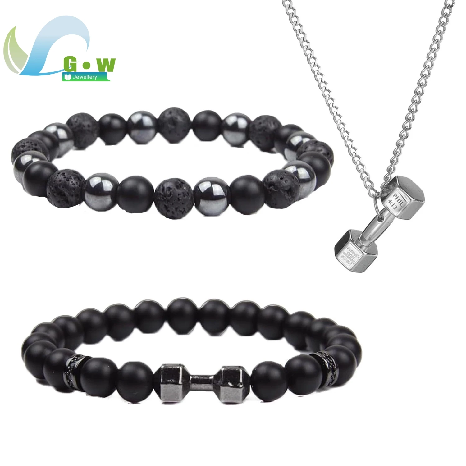 8mm Volcanic Rock Beads Dumbbell Bracelet Set Silvery Pendant Necklace Couple Frosted Black Fitness Weighted Bracelet For Men