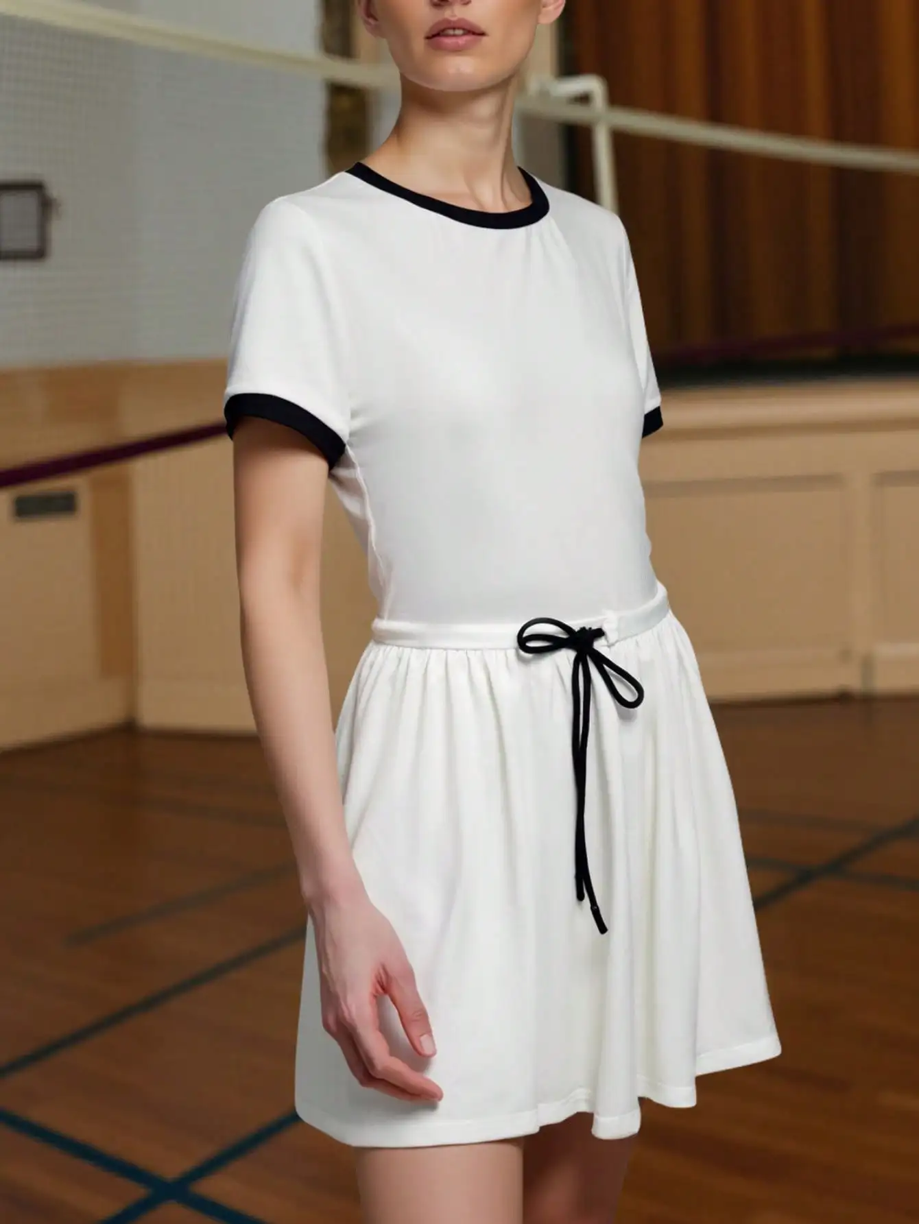 Fisoew Womens Casual Mini Dress Short Sleeve Crewneck Pleated Drawstring Loose Fit Summer T Shirt Dresses