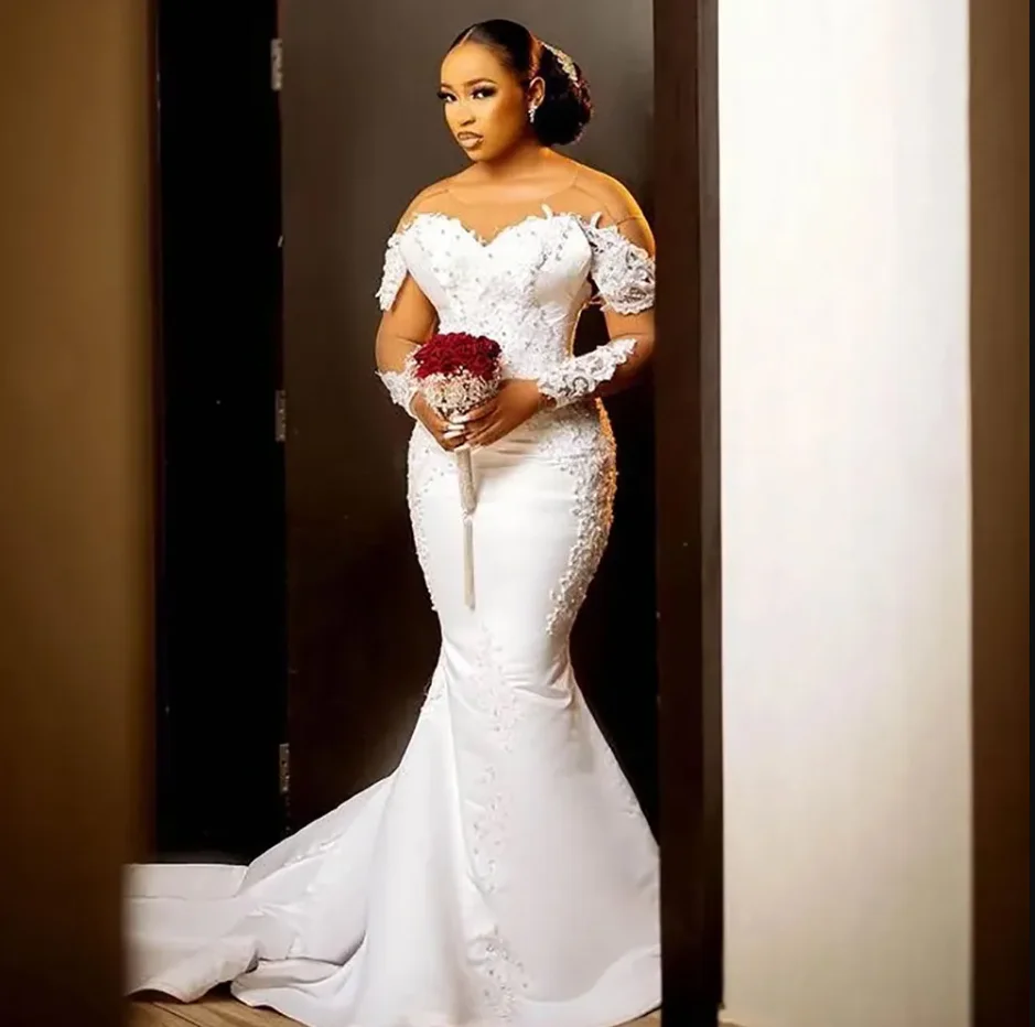 فساتين الزفاف البيضاء فساتين الزفاف العاجية حورية البحر البوق الرسمي الجديد بالإضافة إلى حجم مخصص الدانتيل يصل سستة س الرقبة طويلة الأكمام الساتان App #2