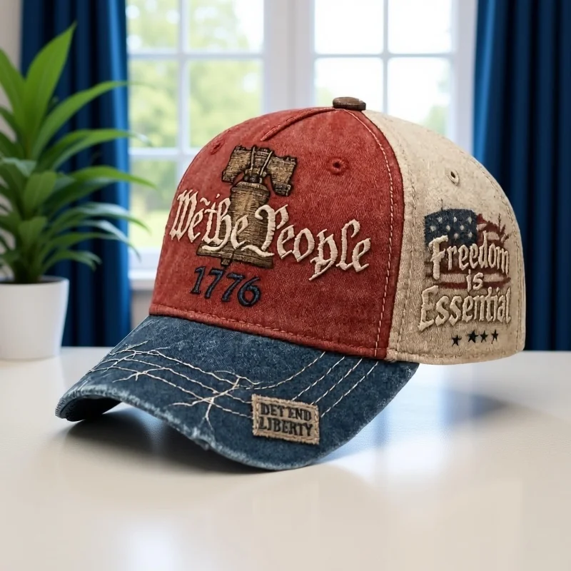"We the People" embroidered baseball cap - Red-beige fabric, blue brim with "DEFEND LIBERTY" emblem, vintage wood grain surface - view 2