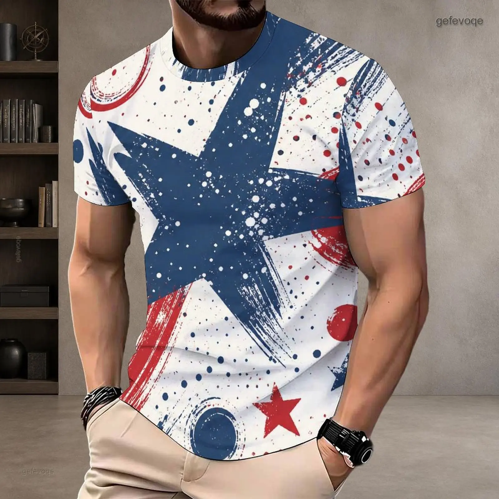 Men Round Neck Short Sleeve T-Shirt Printed Distressed Red Blue Star and Splatter Dot Pattern