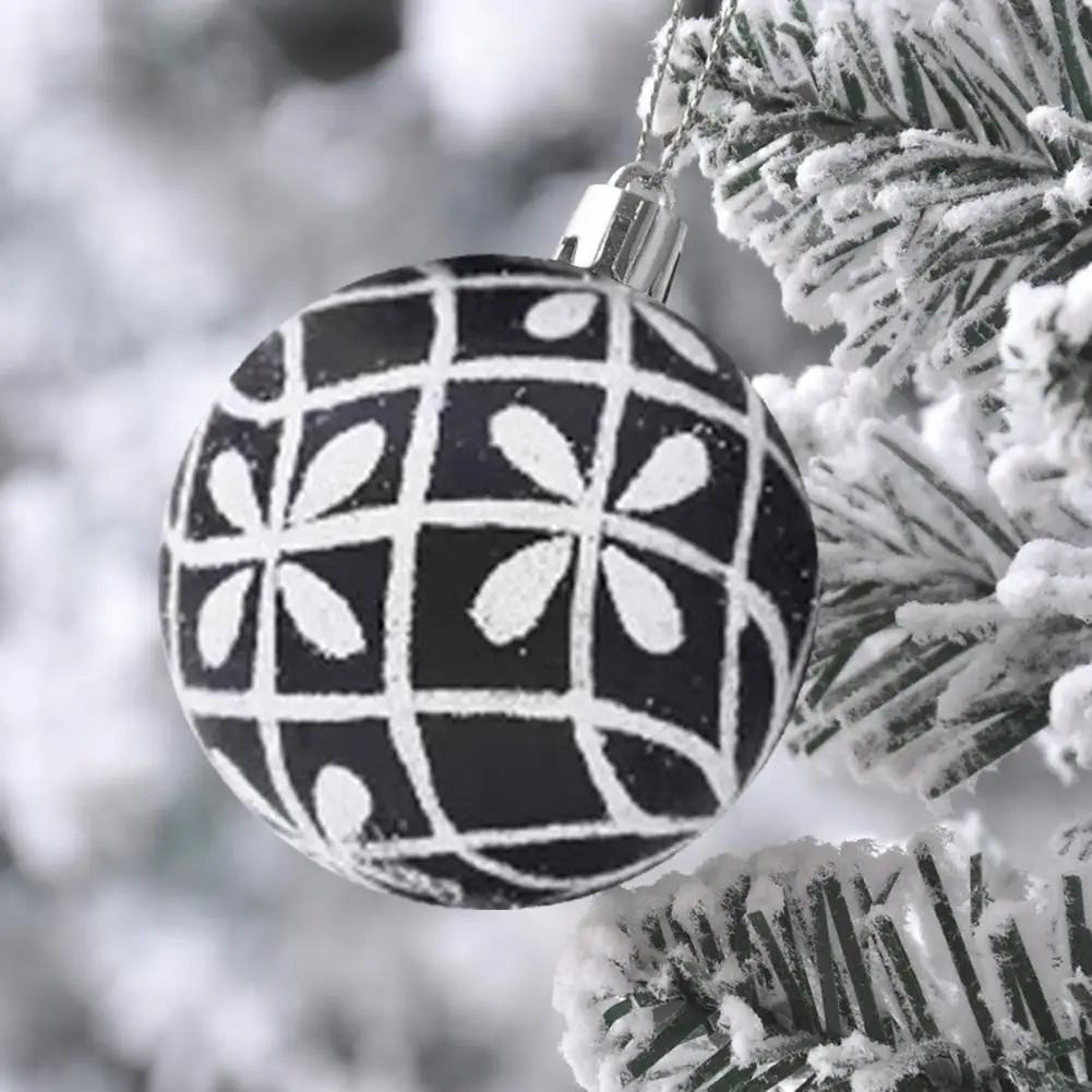 

6Pcs Christmas Balls Hand-painted White Black Strip 6cm Xmas Balls with Hanging Rope Home Decoration Festive Ornament Balls