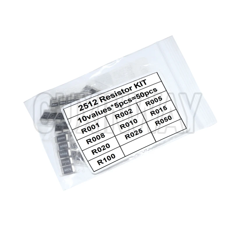 50PCS Alloy Resistance 2512 SMD Resistor Samples Kit R001 R002 R005 R008 R010 R015 R020 R025 R050 R100 10 Kinds X5pcs=50pcs