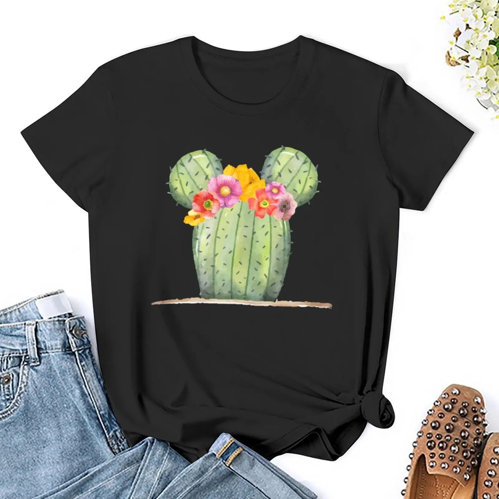 Mouse Cactus with Floral Crown T-Shirt summer tops tees woman t shirt