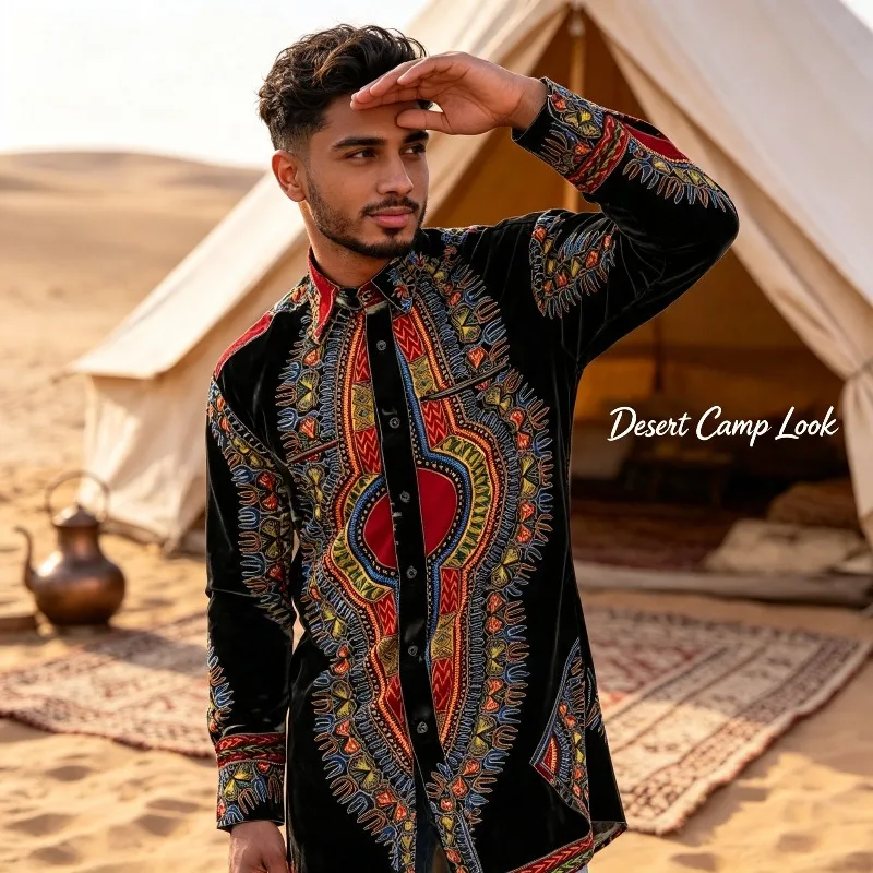 New Printed Men's Shirt Button Casual Top Ethnic Bohemian Beach Shirt Positioning Printed Shirt Medium Long Style