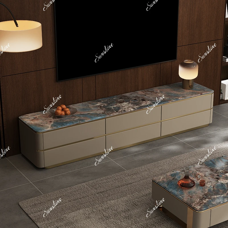 

Italian light luxury marble TV cabinet leather veneer living room villa storage storage, high-end design