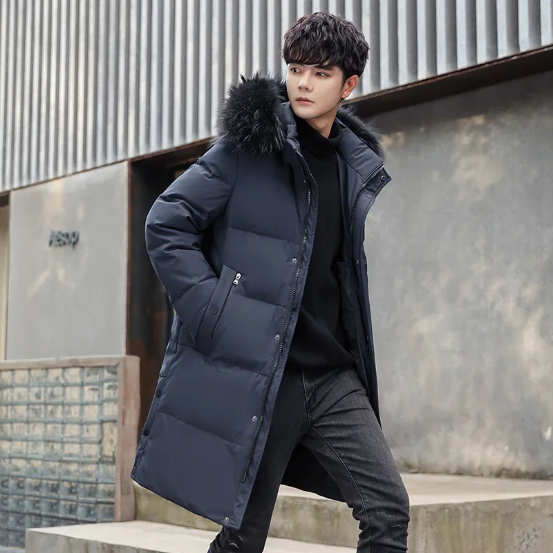 Korean Fashion Loose High Quality Pure Color Jackets for Men 2024 New Large Fur Collar Medium Long Thick Warm Coat Down Jacket