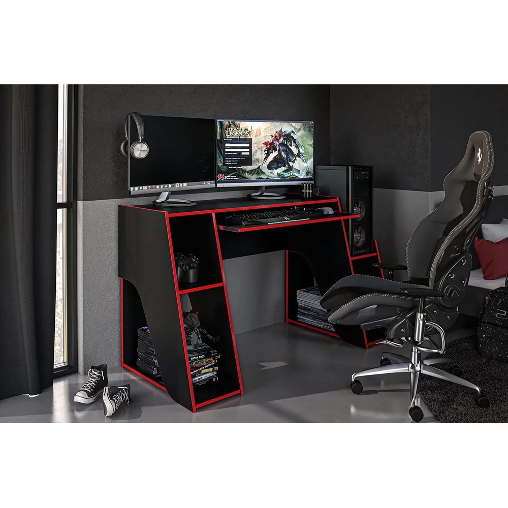 Gaming Computer Desk with Keyboard Tray Shelves Multi Monitor Setup Cable Management Features Durable Engineered Wood