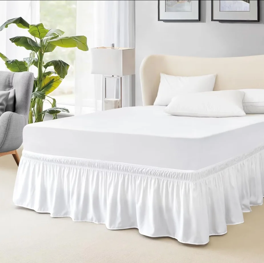 Wrap Around Dust Ruffle Bed Skirt - for Queen Size Beds with 14 in. Drop - Easy Fit Elastic Strap - Wrinkle Free, Machine Wash