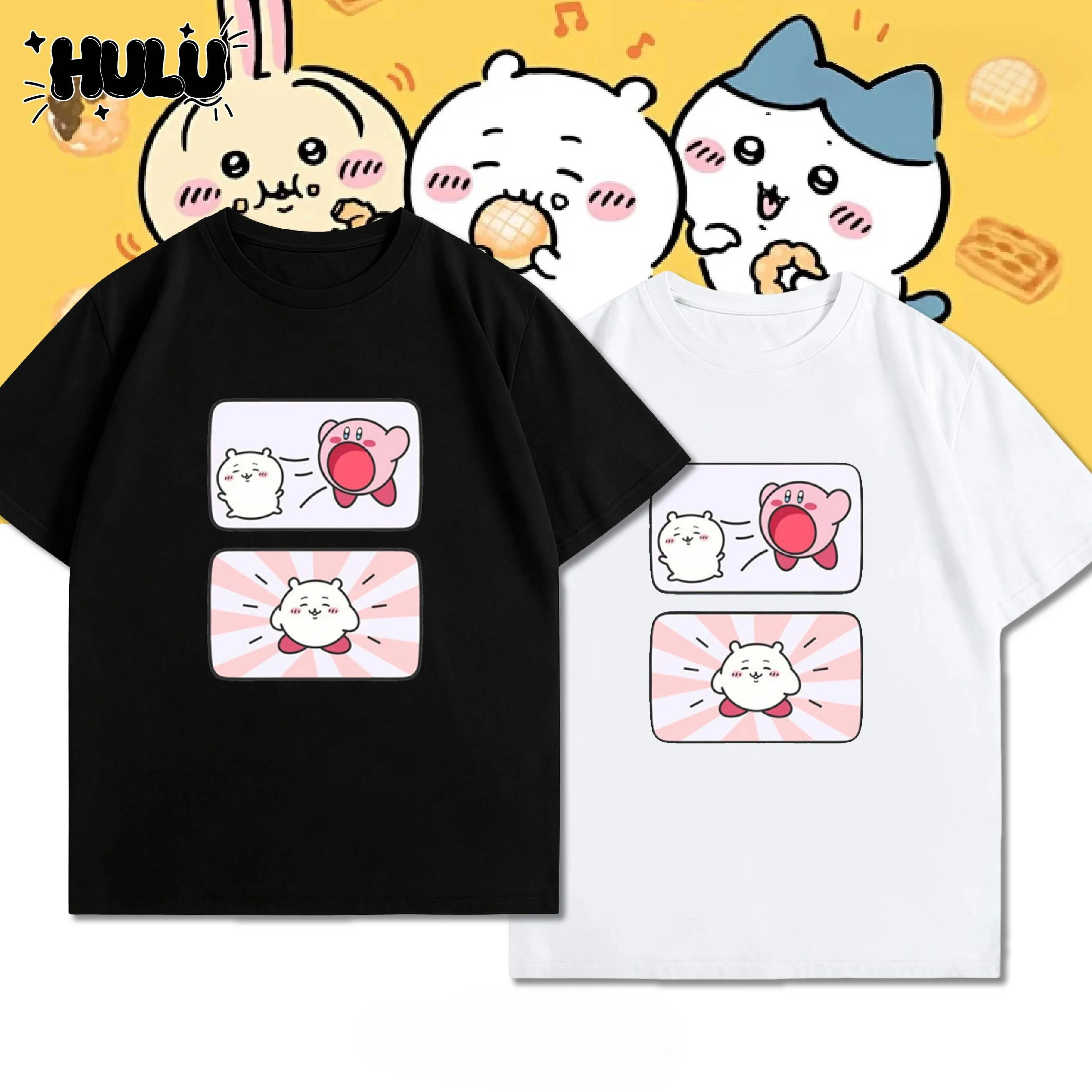 Giekawa Star Kirby Manga Split Fun Cross Border Printed T-shirt, Cute Cartoon Pattern for Men and Women, Anime Game Fan Top