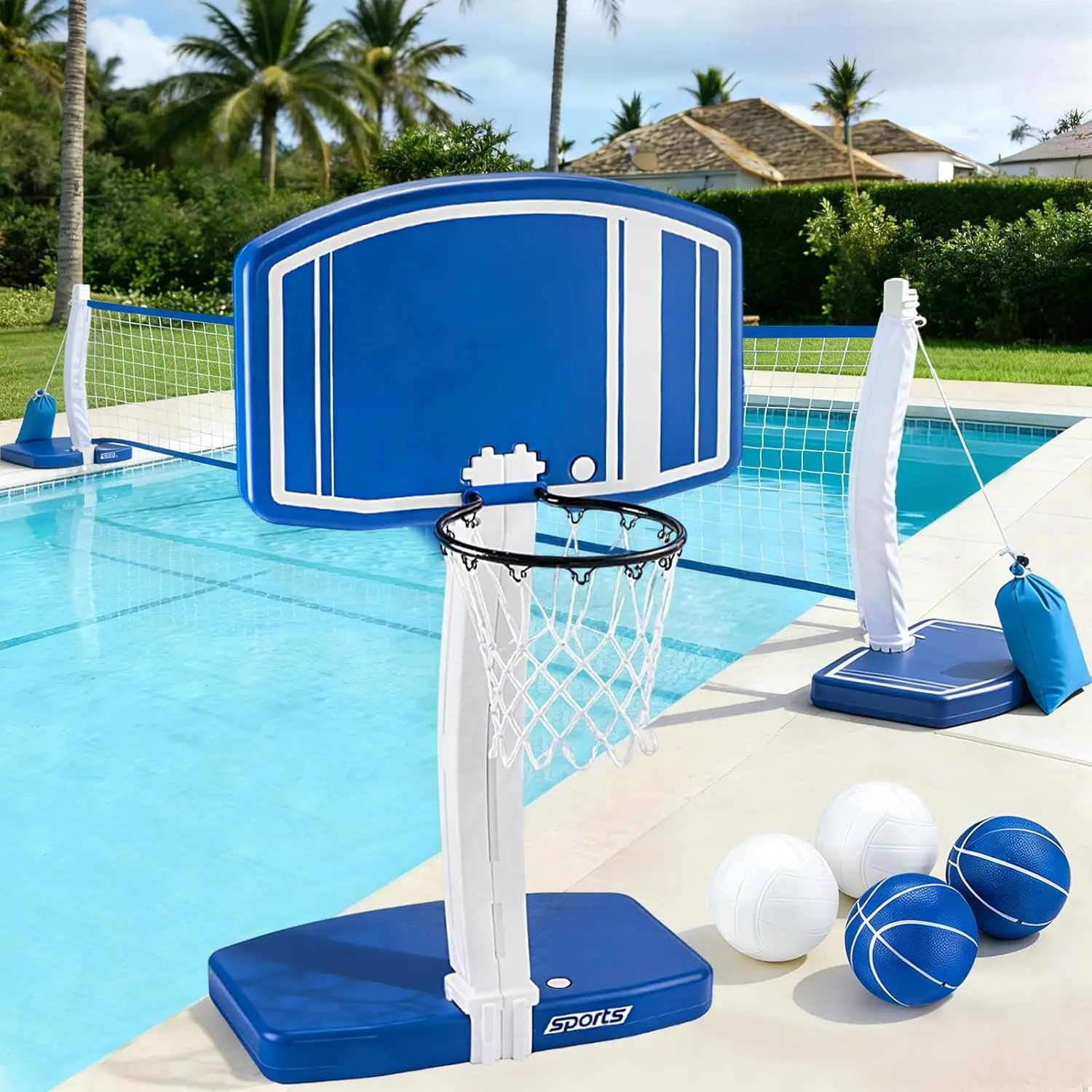 Above Ground Pool Basketball Hoop and Volleyball Net 2-in-1, Outdoor Water Game Toy for Kids Ages 3-12, Teens, Adults Family Poolside Summer Fun