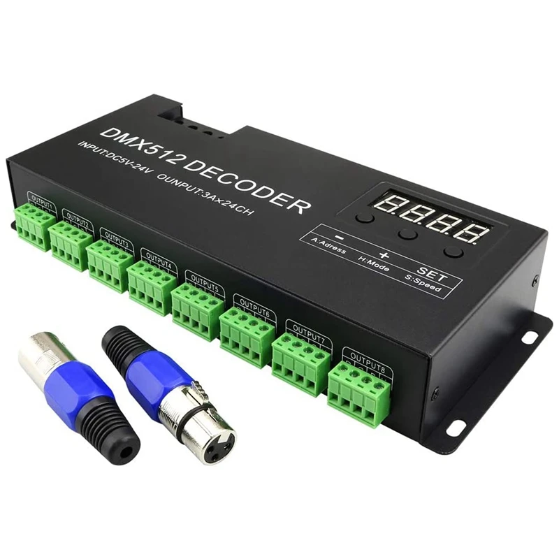 

DMX 512 LED Decoder Controller for RGB Tape Strip Light Dimmer Driver DC5-24V 72A (24 Channel)