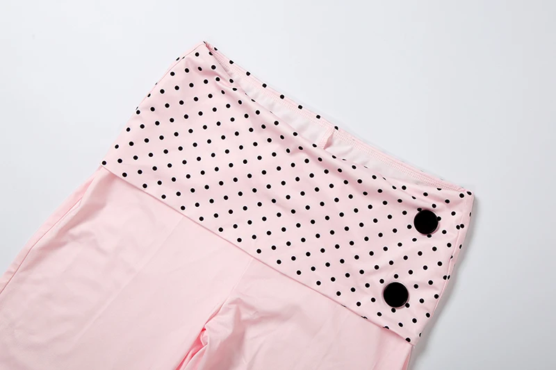 Weird Puss Polka Dot Patchwork 2-teiliges Set für Damen, Schleife, tief ausgeschnittenes, rückenfreies Crop-Top + lange Hose mit Knopfverzierung, eleganter Stil – Detail 10