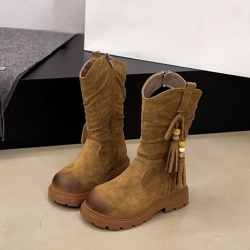 Girls Autumn and Winter Long Boots 2026 British Style Kids Mid Calf Boots Warm Retro Footwear for Children