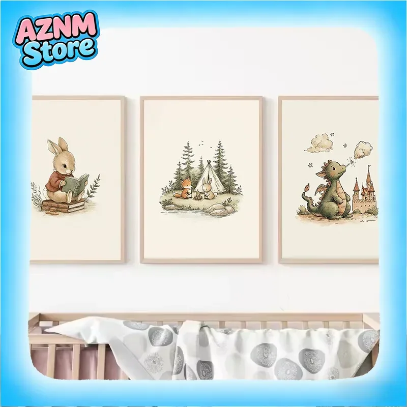 Storytime Rabbit Bear Camping Dinasaur Bunny Nursery Fairytale Cartoon Poster Canvas Painting Wall Art Pictures Home Decor
