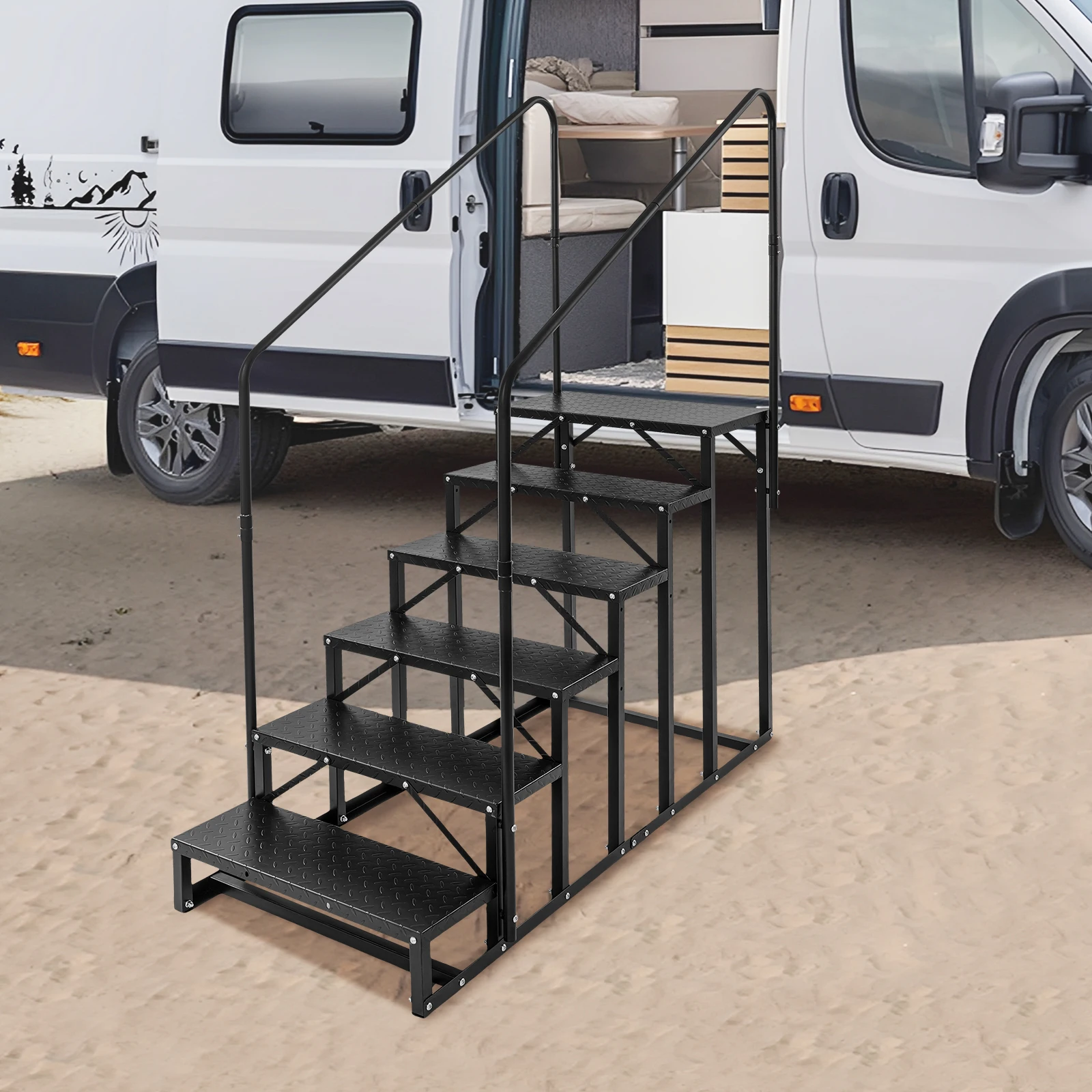 Free Standing RV Steps with Handrail, 6 Steps RV Stair, for Outdoor RV, Camper Vans, Pool Ladder Black
