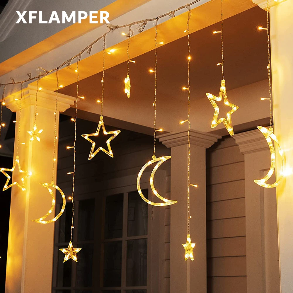 Cortina de luces LED con forma de luna y estrellas, de 3,5 M blanco cálido carámbano, 8 modos, impermeable, decoración para habitación, hogar,