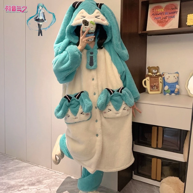 

Hatsune Miku Autumn Winter Coral Fleece Robe Women Thickened Hooded Sleepwear Fluffy Home Clothes Coat Style Bedroom Gown Gifts