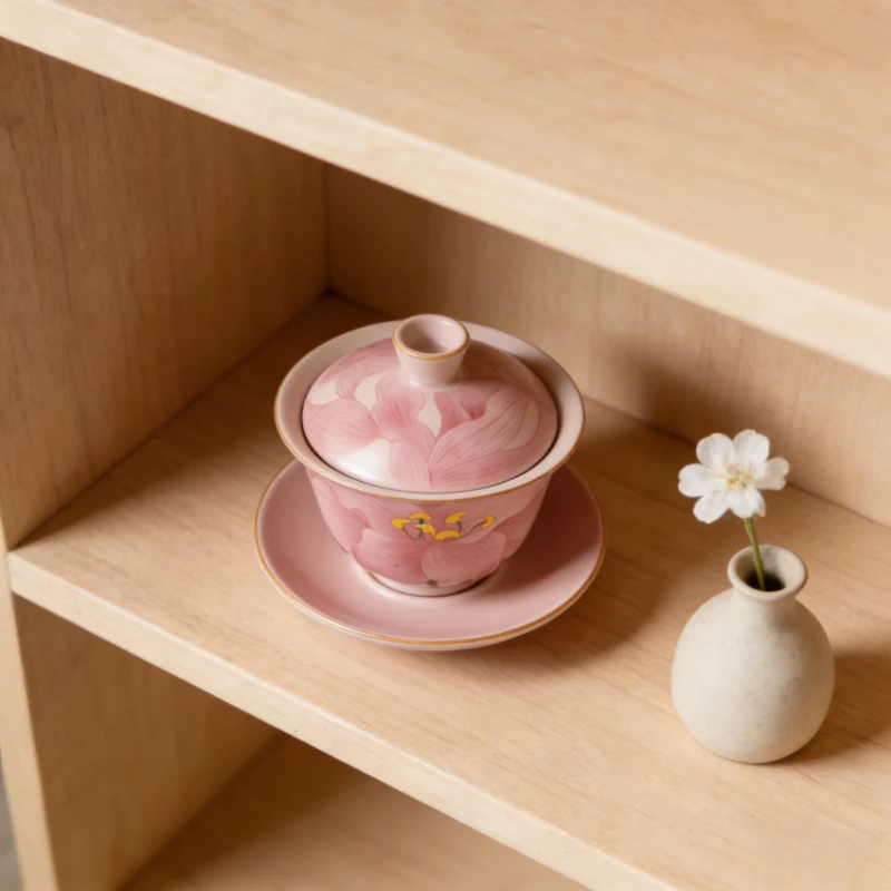 

New Song Style Pink Ru Ware Gaiwan Three Pieces Gaiwan Exquisite Lily Flower Tea Bowl Steaming Tea Bowl Ceramic Kung Fu Tea Set