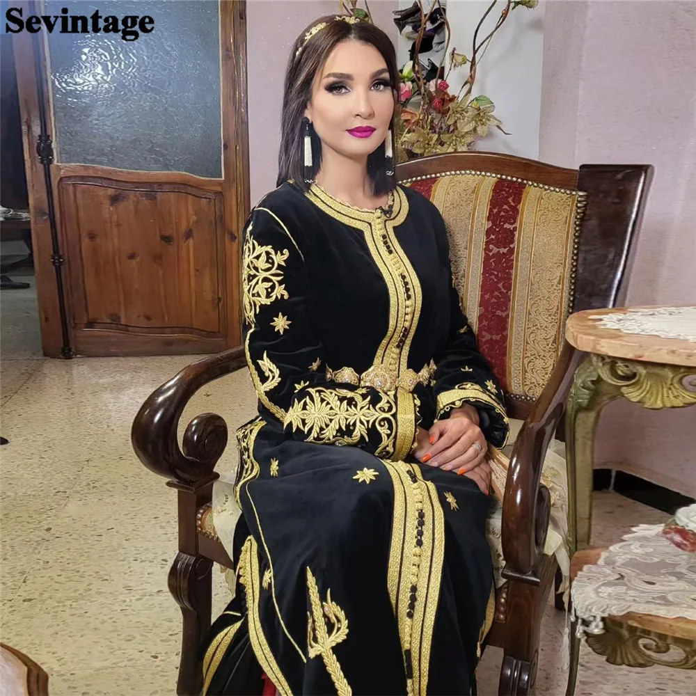 Sevintage Noble Black Gold Mermaid Evening Dress O-Neck Long Sleeves Lace Appliques Prom Gown Ankle Length Algerian Outfit 2024