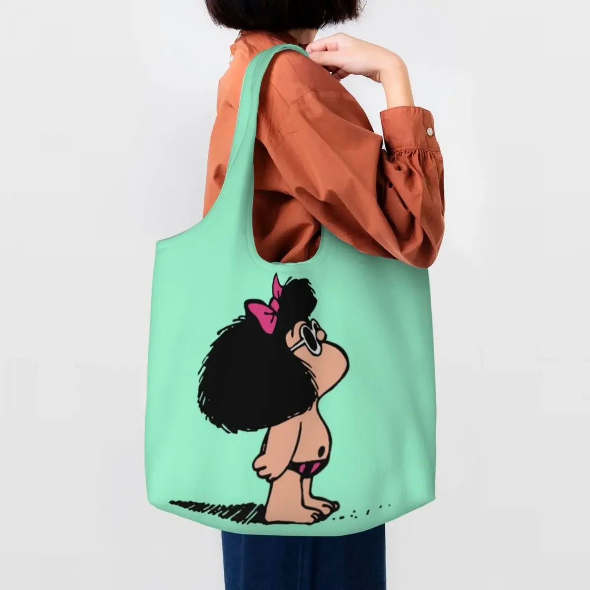 

Custom Mafalda With Swimsuit Shopping Tote Bags Reusable Argentina Cartoon Manga Canvas Groceries Shopper Shoulder Bag Handbag