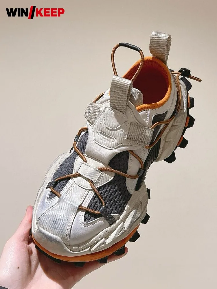 Athlete Female Outdoor Running Shoes Breathable Mesh Spliced Genuine Leather Sports Shoes Antiskid Platform Training Sneakers