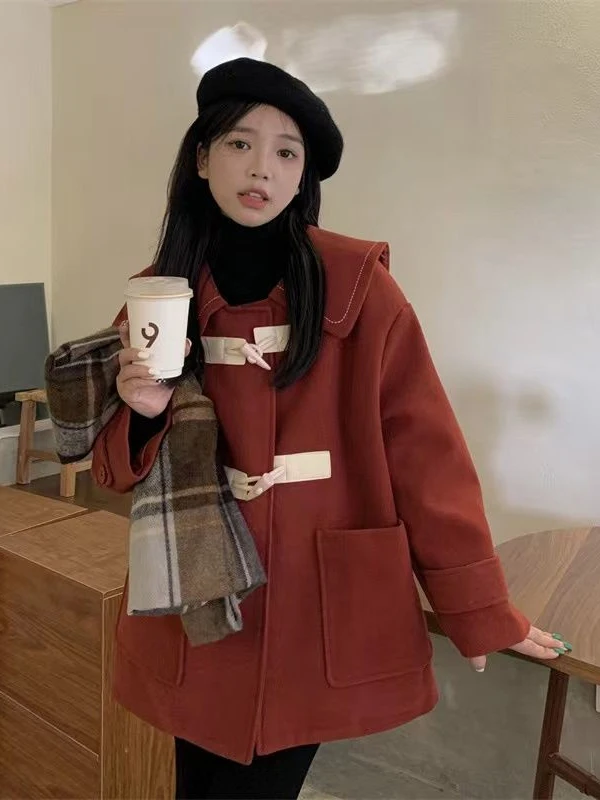 

Ретро-пальто Cisas на осень-зиму, красное, свободного кроя, визуально стройнящее, длинное, винтажное, шерстяное, с отложным воротником, теплое, хлопковое, верхняя одежда