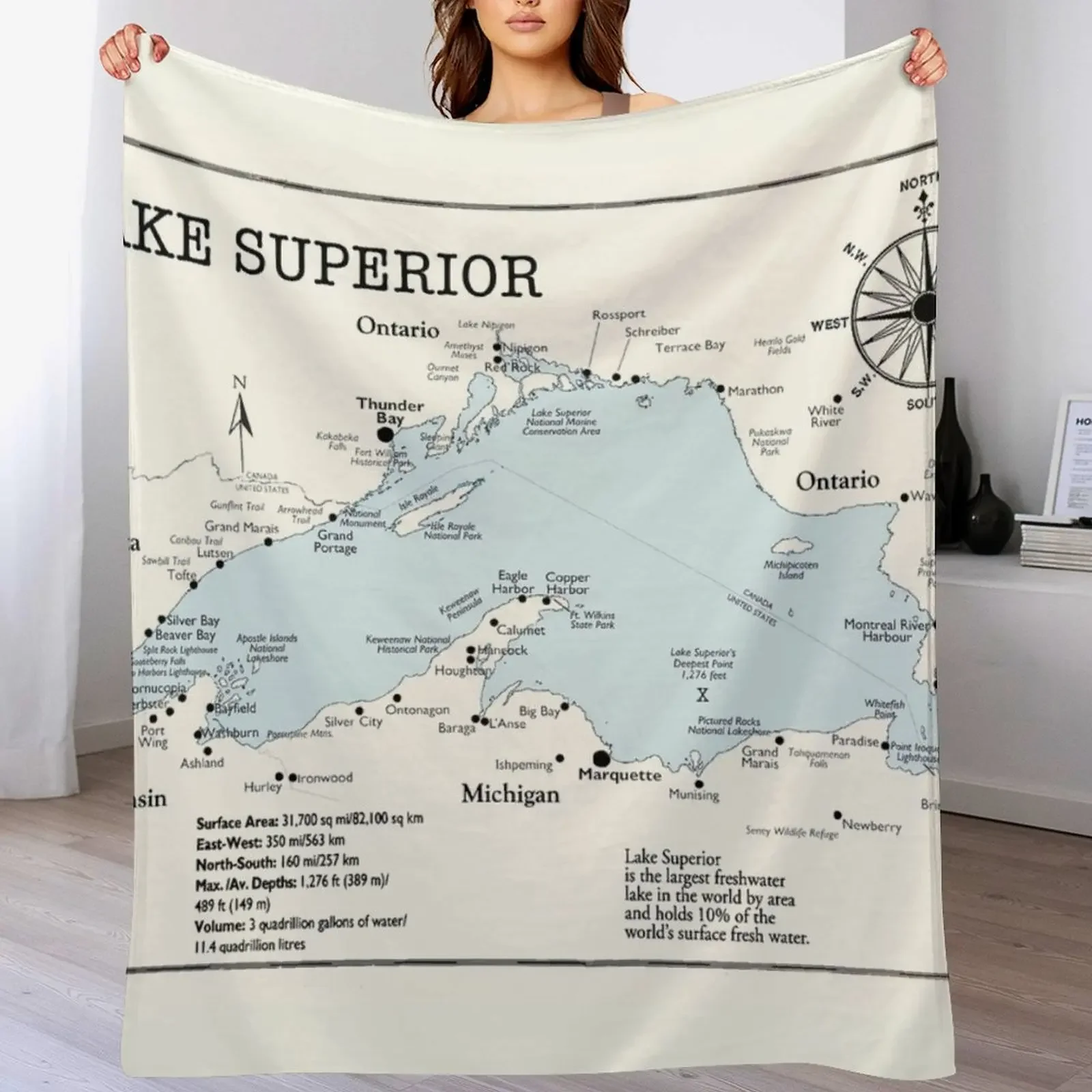 

Lake Superior Map Throw Blanket Soft Solid Color Blanket for Couch Bed