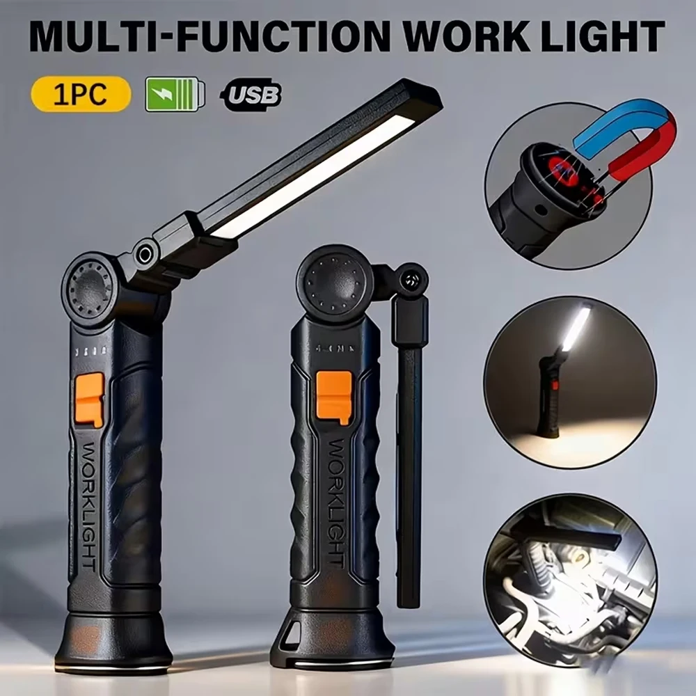 Portable COB LED Flashlight USB Rechargeable Working Light Magnetic Lanterna Hanging Lamp with Built-in Battery Camping Torch