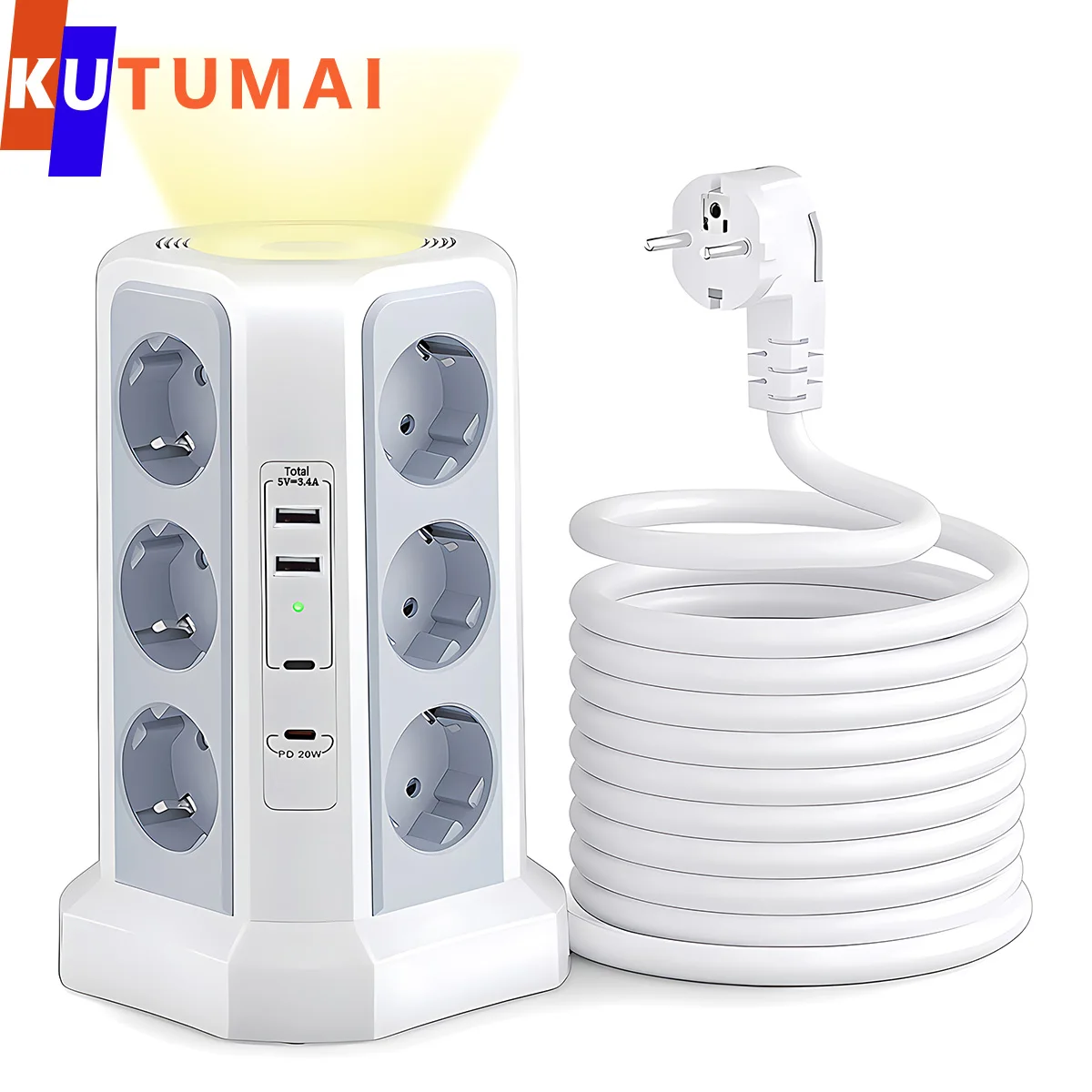 

Tower Power Strip Multi Outlet With Night Light 12AC+4USB Ports(2USB C),EU Plug Vertical Socket Surge Protection For Home Office