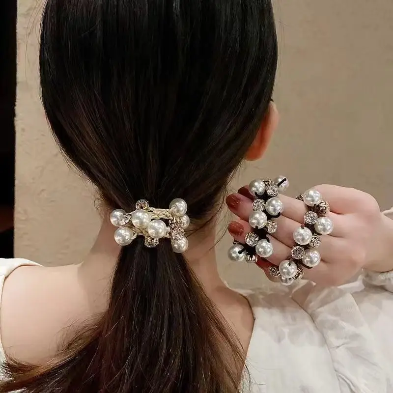 3 szt. Gumek do włosów z perłami i brokatowymi cyrkoniami, retro scrunchies dla kobiet — zdjęcie 4